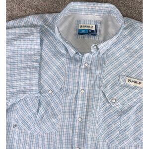 Magellan Mens 2XLT Pearl Snap Shirt Fish Gear Blue Pockets Vented Wicking Camp